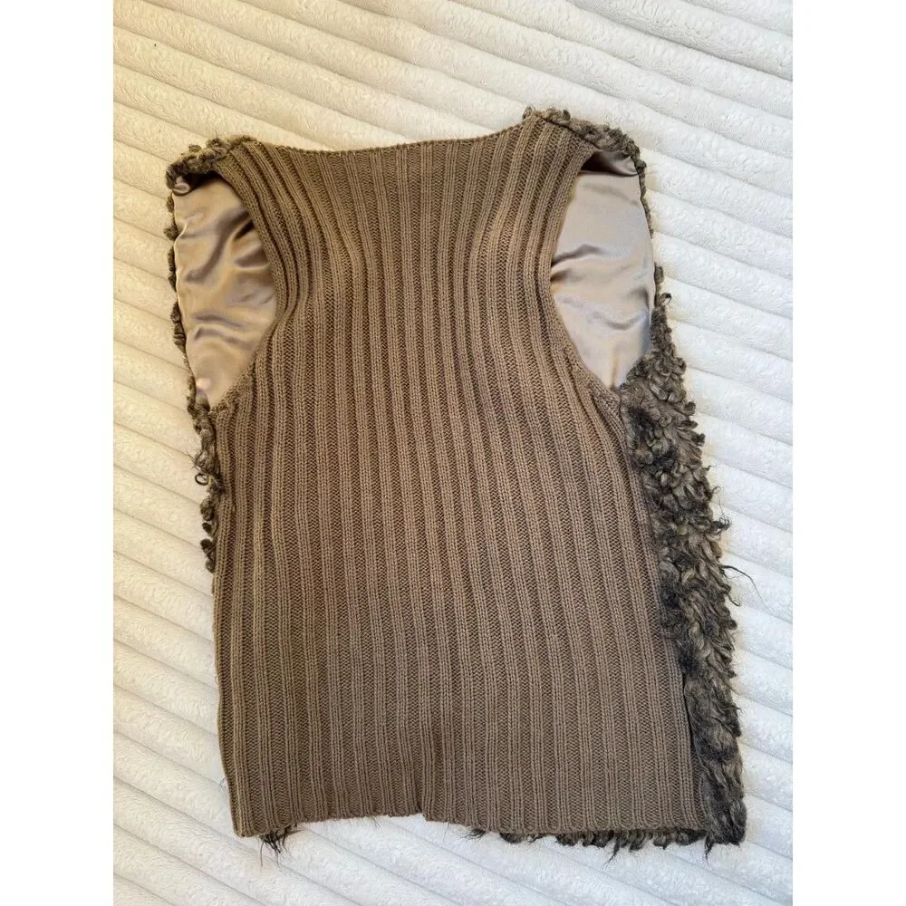 Love Change Italy Brown Faux Fur & Ribbed Knit Open Front Vest Size Small